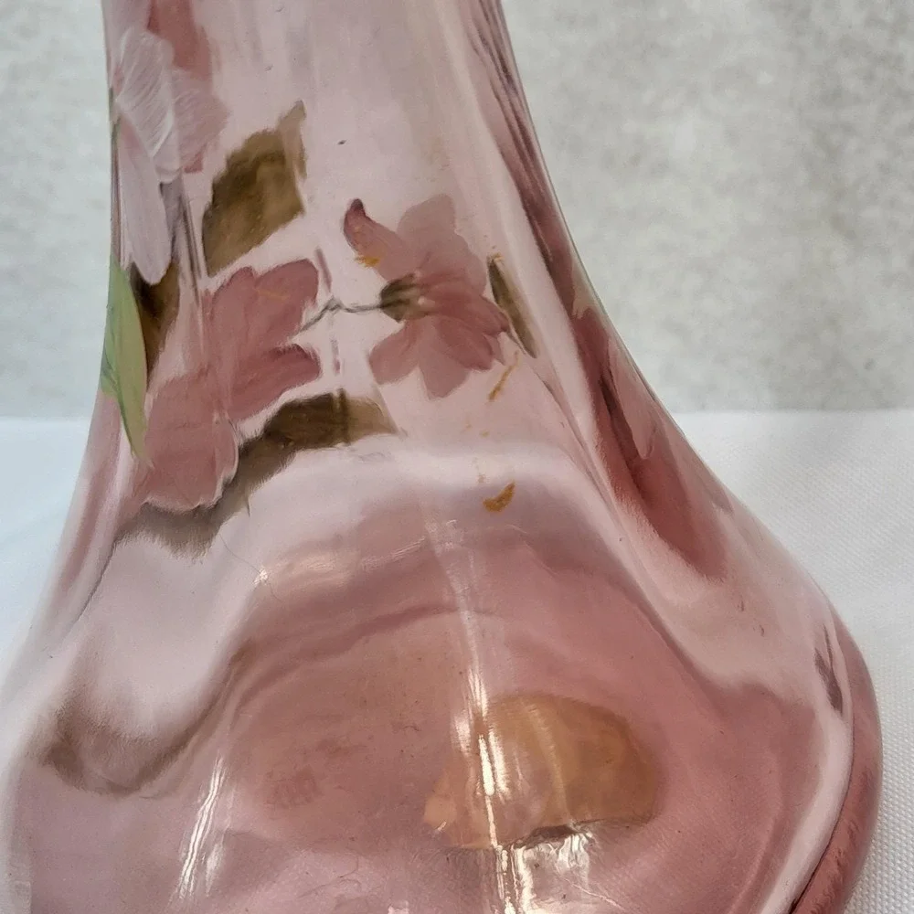 Fenton Pink Glass‎ Hand Painted Floral Ruffled Vase Signed 1991 USA